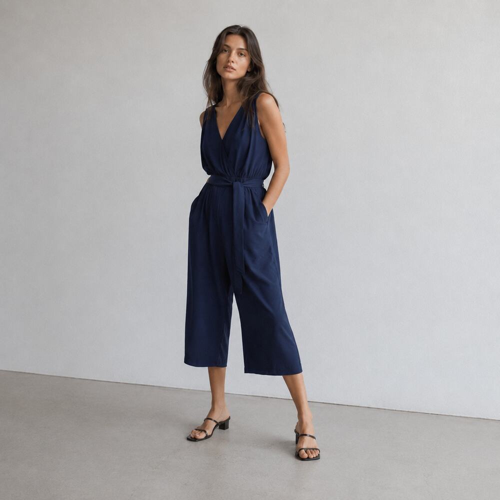 Aritzia Babaton Maximilian Jumpsuit Womens S Navy Sleeveless Wide Leg Cropped